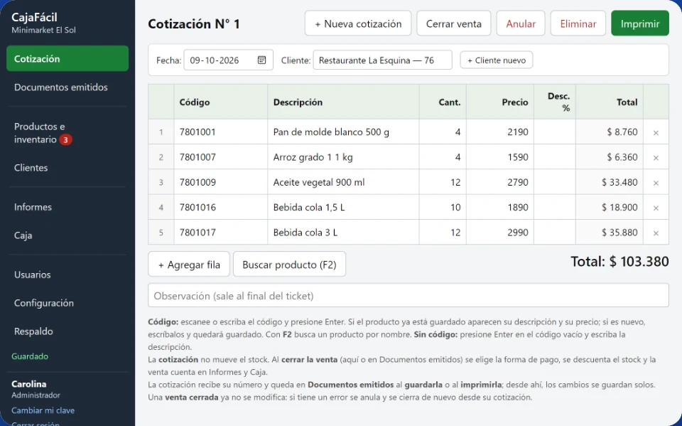 Pantalla de venta de CajaFácil